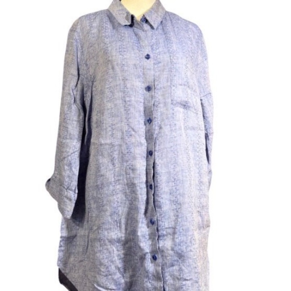 Chico's No Iron Size 3 (16/18) Blue White Textured Woven Tunic Shirt Button